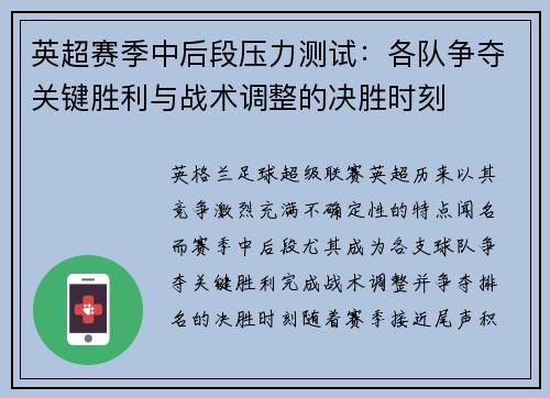 英超赛季中后段压力测试:各队争夺关键胜利与战术调整的决胜时刻 英超赛季中后段压力测试:各队争夺关键胜利与战术调整的决胜时刻